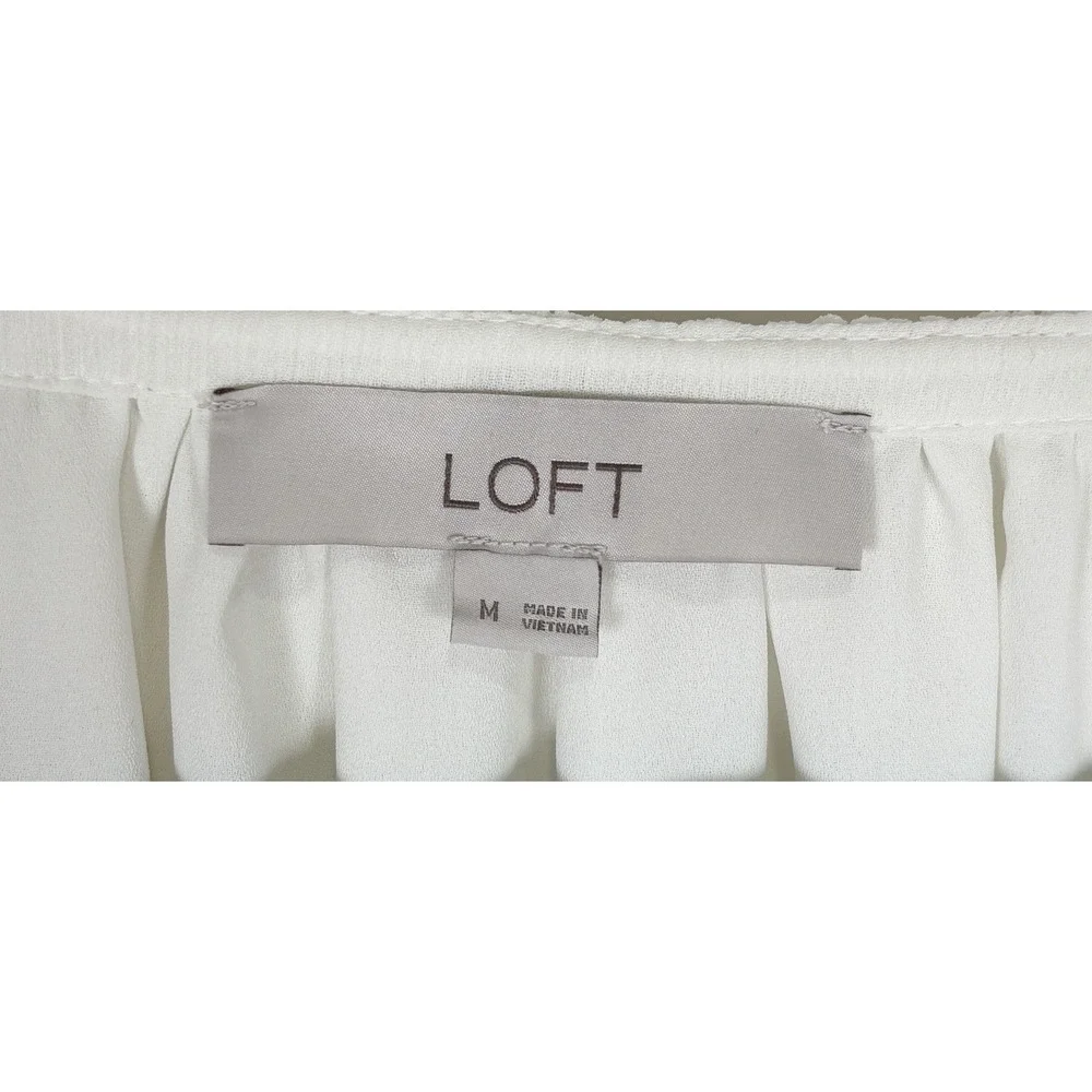 Loft White Peasant Blouse Puff Sleeve Side Tie Elastic Hem Top Medium